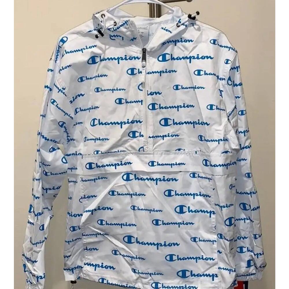 Champion Packable Jacket Scripts Hoodie Rain Windbreaker White S Men New NWT